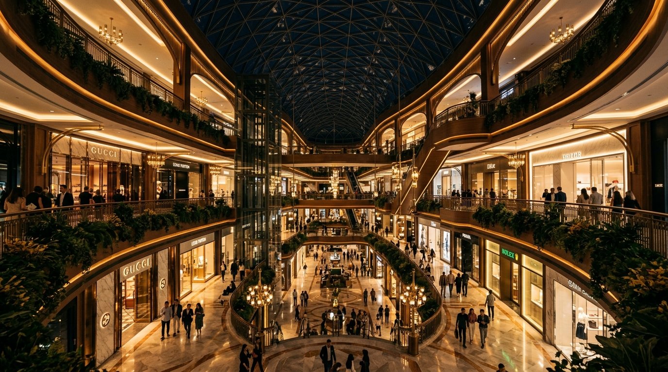 Commercial Luxury Mall exterior at sunset with golden and blue light accents